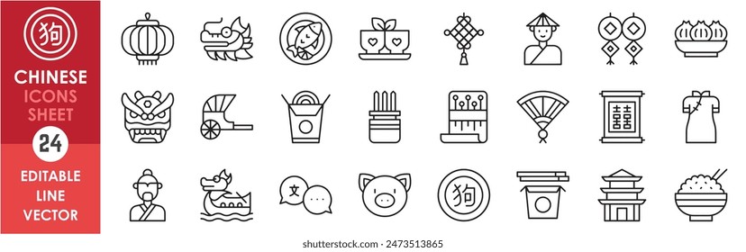 A set of line icons related to China and Chinese traditions. China, Chinese, culture, objects, foods, language, currency, dress and so on. Vector outline icons set. Chinese new year.