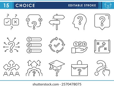 A set of line icons related to Choice. True, good, bad, direction, job, education, personal growth, decision, question, planning, and so on. Vector editable stroke.