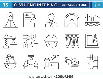 A set of line icons related to Civil Engineering. Engineer, Civil, construct, bridge, dam, blueprint, mapping, and so on. Vector editable stroke.