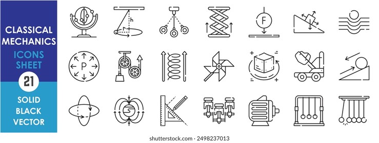 A set of line icons related to Classical Mechanics. Physics, pressure, pendulum, formula, diagram, motion, torque, magnetic, projectile, spring and so on. Vector outline icons set.