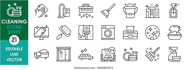 A set of line icons related to cleaning and hygene. Clean, wipe, shine, wash, hygene, shower and so on. Vector outline icons set.