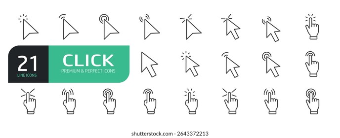 Set of Line Icons Related to Click, Cursor, Computer Pointer, Hover, Hand, Arrow Pointer, Computer Mouse Click Cursor.