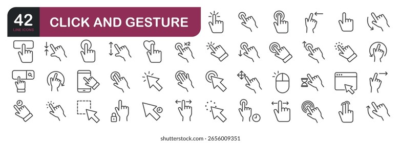 Set of line icons related to click, cursor, gesture. Outline icons collection.