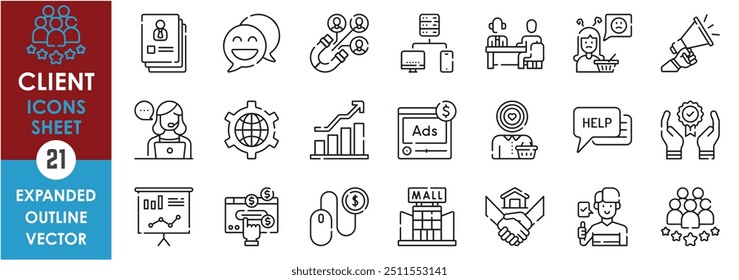 Um conjunto de ícones de linha relacionados ao Cliente. Cliente, consumidor, bens, venda, comprar, pagar, dinheiro, digital, publicidade, ajudar, discutir, estratégia, atrair e assim por diante. Definição de ícones de contorno de vetor.