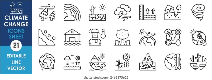 A set of line icons related to climate change. Global warming, drought, sea level rise, disasters and so on. Vector outline icons set.