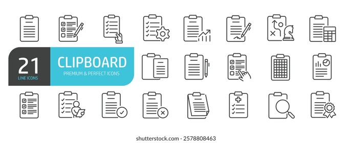 Set of line icons related to clipboard, document, form, report. Outline icons collection. Vector illustration.