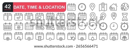 Set of line icons related to clock, calendar, location, reminder, address. Outline icons collection. Vector illustration.
