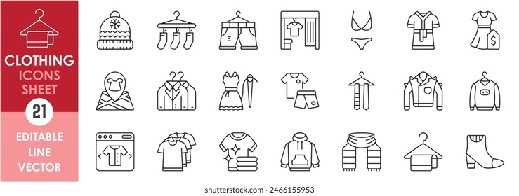 A set of line icons related to clothing. Various clothes including shirt, suit, t-shirt, ladies dress, sweater, bikini, online shopping and so on. Vector outline icons set of dresses.