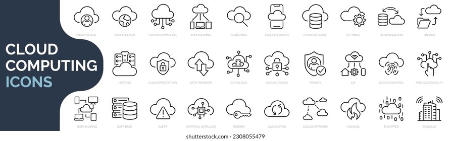 Conjunto de iconos de línea relacionados con la informática en la nube, los servicios en la nube, el servidor, la seguridad cibernética, la transformación digital. Colección de iconos de esquema. Trazo editable. Ilustración del vector