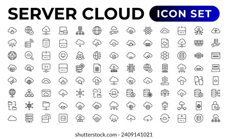 Conjunto de iconos de línea relacionados con la informática en la nube, los servicios en la nube, el servidor, la seguridad cibernética, la transformación digital. Colección de iconos de esquema.
