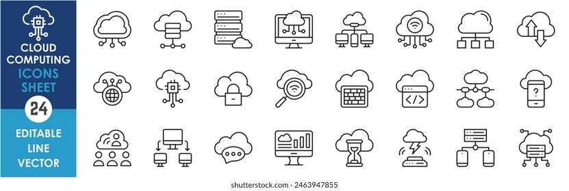 A set of line icons related to cloud computing. Vector outline icons with cloud storage, upload, download, transfer, data and so on.