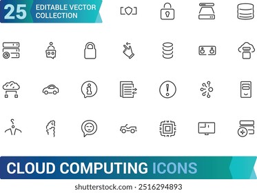 Conjunto de ícones de linha relacionados à computação em nuvem, serviços em nuvem, transformação digital. servidor, segurança cibernética e muito mais, Coleção de ícones de tópicos. Traçado editável.