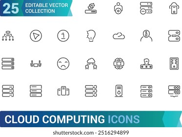 Conjunto de ícones de linha relacionados à computação em nuvem, serviços em nuvem, transformação digital. servidor, segurança cibernética e muito mais, Coleção de ícones de tópicos. Traçado editável.