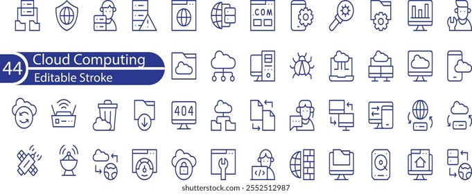 Conjunto de iconos de línea relacionados con la computación en la nube, servicios en la nube, servidor, seguridad cibernética, transformación digital. Colección de icono de esquema