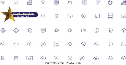 Set of line icons related to cloud computing, cloud services