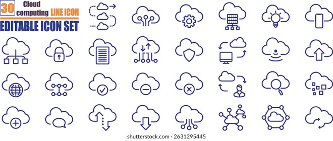 Conjunto de iconos de línea relacionados con la computación en la nube, Pixel perfecto. Trazo editable. El conjunto contiene iconos: computación en la nube, análisis de datos, centro de datos, Internet de las cosas.