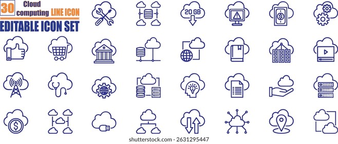 Set of line icons related to cloud computing, Pixel perfect. Editable stroke. The set contains icons: Cloud Computing, Data Analyzing, Data Center, Internet of Things.