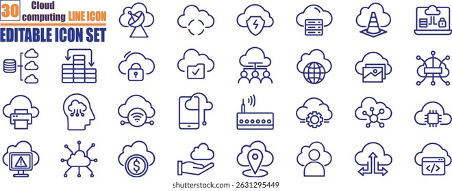 Set of line icons related to cloud computing, Pixel perfect. Editable stroke. The set contains icons: Cloud Computing, Data Analyzing, Data Center, Internet of Things.