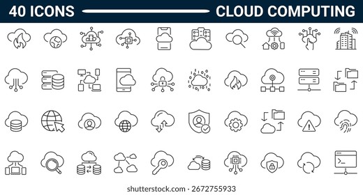 Conjunto de ícones de linha relacionados à computação em nuvem, serviços em nuvem, servidor, segurança cibernética, transformação digital. Contornar a coleção de ícones. Traçado editável. Ilustração vetorial