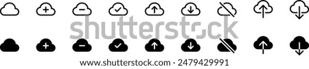 Set of line icons related to cloud computing, cloud services, server, cyber security, download, upload, plus, minus, dash, tick, offline, digital transformation. Outline clouds icon collection