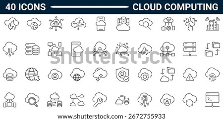 Set of line icons related to cloud computing, cloud services, server, cyber security, digital transformation. Outline icon collection. Editable stroke. Vector illustration