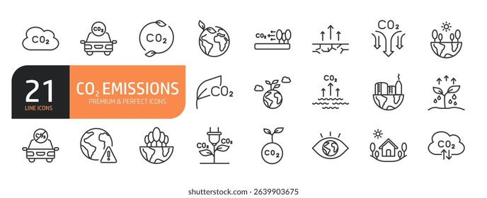 Set of line icons related to CO2 emissions and more. Outline icons collection. Vector illustration.