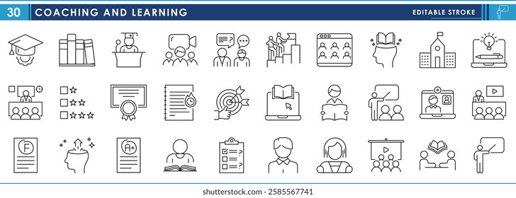 A set of line icons related to Coaching and Learning. Video, study, teach, coaching, school, creative, online, group, evaluation, innovation, growth, and so on. Vector editable stroke.