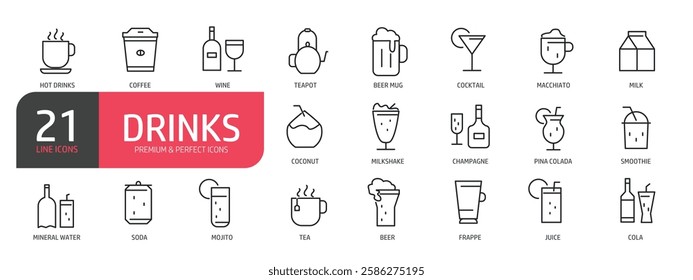 Set of line icons related to coffee, beer, mineral water, milkshake and juice.  Outline icons collection. Vector illustration