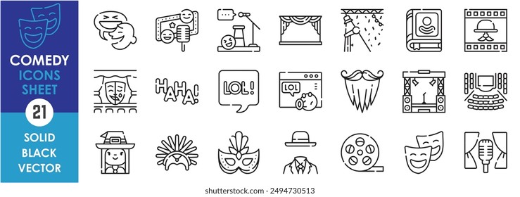 A set of line icons related to comedy. Movie, laugh, fun, screen, event, stand up, microphone, emotion, costume, and so on. Vector outline icons set.