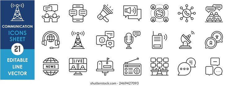 A set of line icons related to communication. Radio, internet, phone, digital, signal, tower, news, podcast and so on. Vector outline icons set.