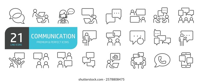 Set of line icons related to communication, speak, speech, talk. Outline icons collection. Vector illustration.