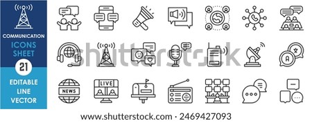 A set of line icons related to communication. Radio, internet, phone, digital, signal, tower, news, podcast and so on. Vector outline icons set.