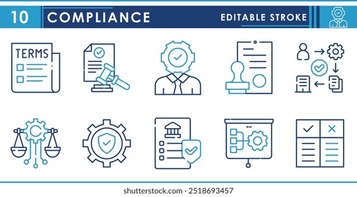 Conjunto de iconos de línea relacionados con el cumplimiento. Regla, regulaciones, sello, ley, política, proceso, etc. Vector de trazo editable.