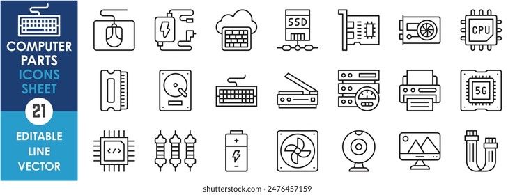 A set of line icons related to computer parts. Computer, CPU, network, cables, scanner, server, fan, resistor, mouse and keyboard and so on. Vector outline icons set.