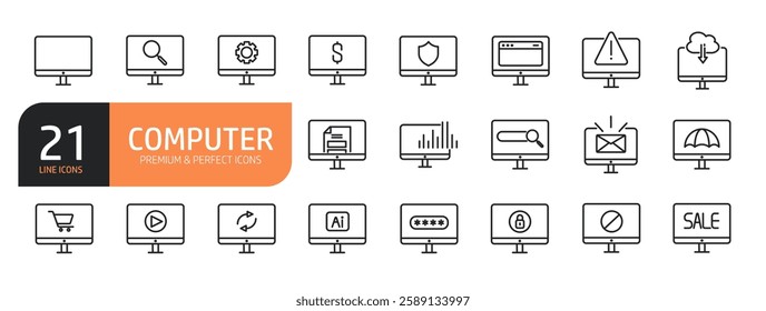 Set of line icons related computer and more. Outline icons collection.Vector illustration.
