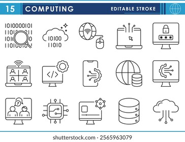 A set of line icons related to Computing. Data, cloud, security, networking, laptop, password, digital, conversation, smartphone, multimedia, and so on. Vector editable stroke.