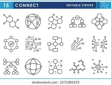 A set of line icons related to Connect. Digital, connectors, nods, circuits, secured connection, worldwide, artificial intelligence, linkage, and so on. Vector editable stroke.