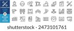 A set of line icons related to construction. Construct, worker, tools, machines, oil, wall, drill, measure, excavator and so on. Vector outline icons set.