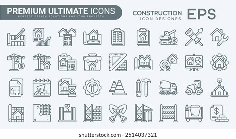 A set of line icons related to construction. Construct, worker, tools, machines, oil, wall, drill, measure, excavator and so on. Vector outline icons set.