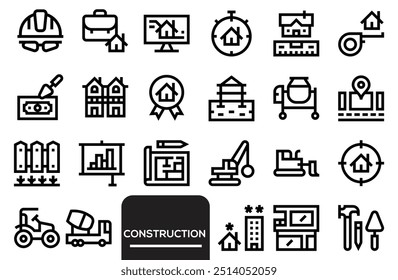 A set of line icons related to construction. Construct, worker, tools, machines, oil, wall, drill, measure, excavator and so on. Vector outline icons set.