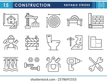 A set of line icons related to Construction. Build, measure, worker, mapping, earth, saw, tools, and so on. Vector editable stroke.