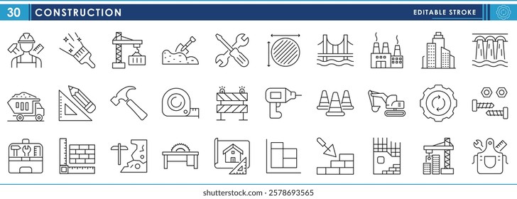 A set of line icons related to Construction. Construct, build, dam, building, infrastructure, house, tools, and so on. Vector editable stroke.