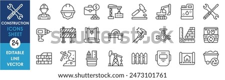 A set of line icons related to construction. Construct, worker, tools, machines, oil, wall, drill, measure, excavator and so on. Vector outline icons set.