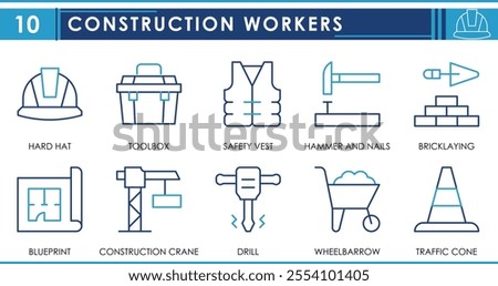 A set of line icons related to Construction Workers. Hard hat, toolbox, safety vest, hammer and nails, blueprints, and so on. Vector editable stroke.