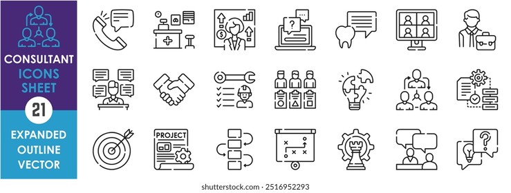 Um conjunto de ícones de linha relacionados ao Consultor. Negócios, saúde, planejamento, estratégia, crescimento, chamadas, suporte, consultoria, handshake, caminho, destino e assim por diante. Definição de ícones de contorno de vetor.