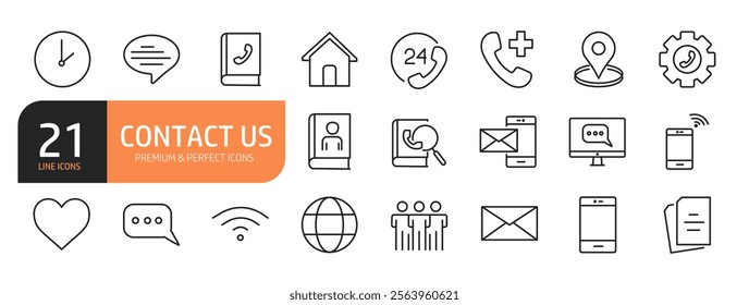 Set of line icons related to contact, chat and communication, message phone. Outline icons collection. Vector illustration