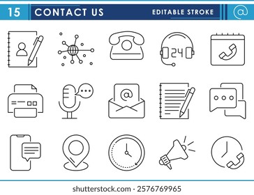 A set of line icons related to Contact Us. Phone, message, microphone, fax, internet, mail, and so on. Vector editable stroke.