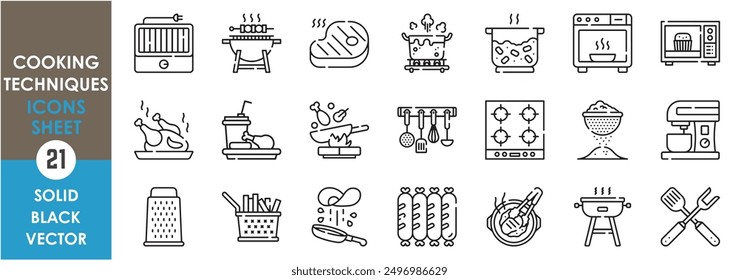 A set of line icons related to Cooking Techniques. Grill, bake, boil, cook, fry, roast, BBQ, utensils, coffee, electric, flour, and so on. Vector outline icons set.