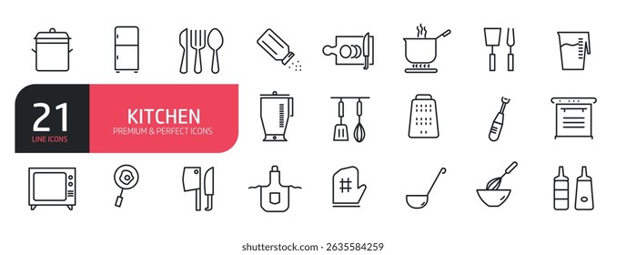 Set of line icons related to cooking, food, plate, kitchen knife, bowl,. Outline icons collection. Vector illustration.