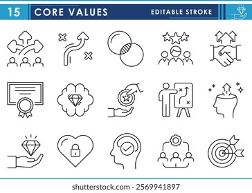 A set of line icons related to Core Values. Path, decision, growth, teamwork, success, target, mindset, award, certificate, strategy, and so on. Vector editable stroke.